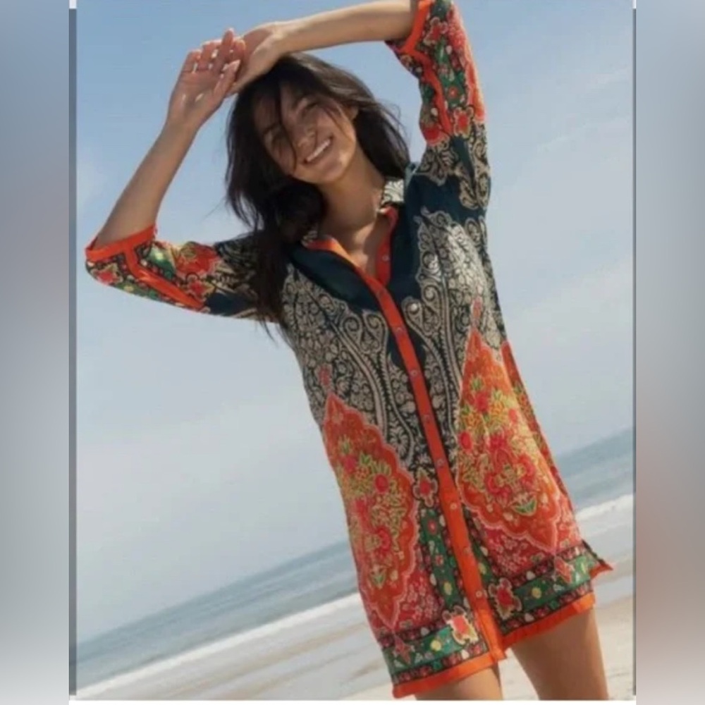 Natural Life Vintage Fiona Tunic Dress Bohemian Beachy 3/4 Sleeve Size M